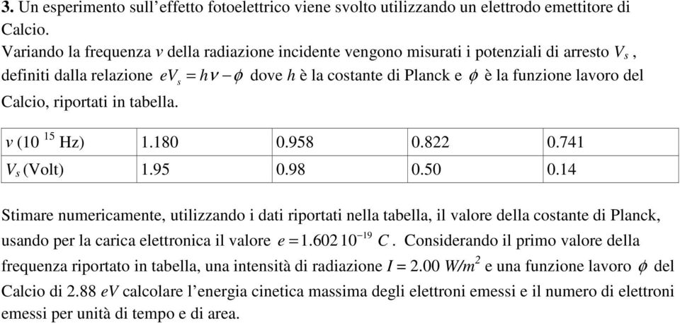 Calcio, riportati in tabella. ν (10 15 Hz) 1.180 0.958 0.822 0.741 V s (Volt) 1.95 0.98 0.50 0.