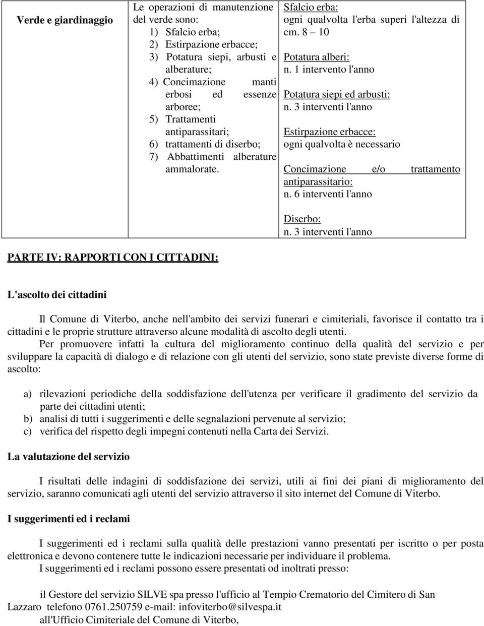 1 intervento l'anno Potatura siepi ed arbusti: n. 3 interventi l'anno Estirpazione erbacce: ogni qualvolta è necessario Concimazione e/o trattamento antiparassitario: n.