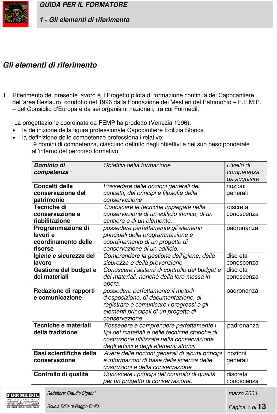 La progettazione coordinata da FEMP ha prodotto (Venezia 1996): la definizione della figura professionale Capocantiere Edilizia Storica la definizione delle competenze professionali relative: 9