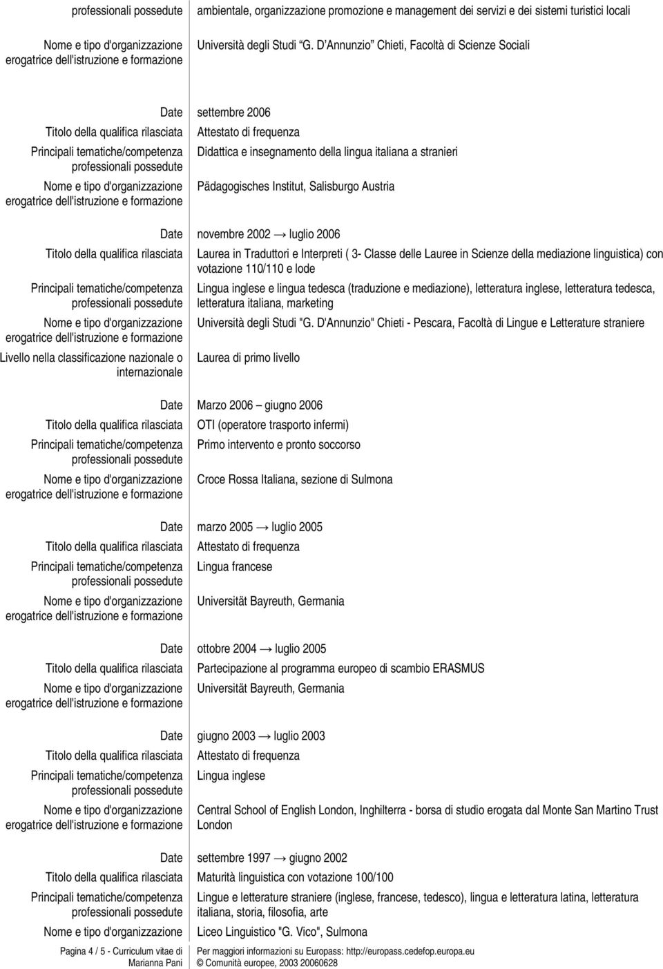 Institut, Salisburgo Austria novembre 2002 luglio 2006 Laurea in Traduttori e Interpreti ( 3- Classe delle Lauree in Scienze della mediazione linguistica) con votazione 110/110 e lode Lingua inglese