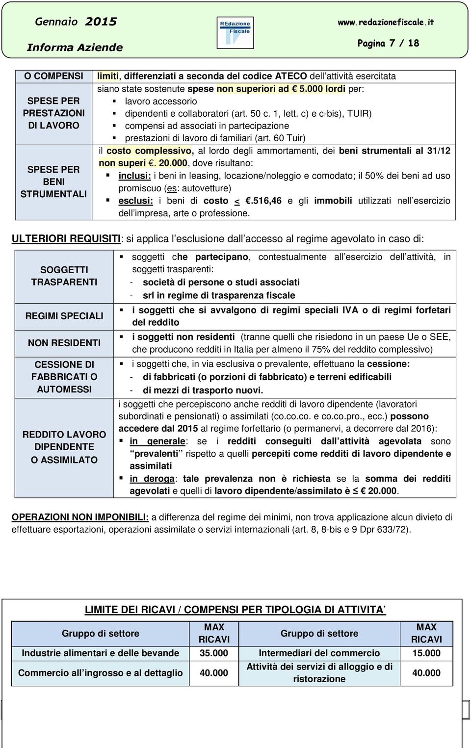 60 Tuir) il costo complessivo, al lordo degli ammortamenti, dei beni strumentali al 31/12 non superi. 20.