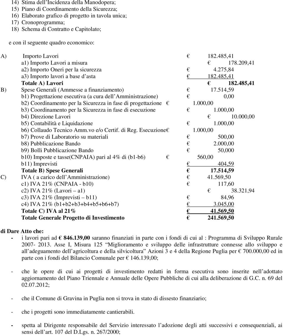 485,41 Totale A) Lavori 182.485,41 B) Spese Generali (Ammesse a finanziamento) 17.