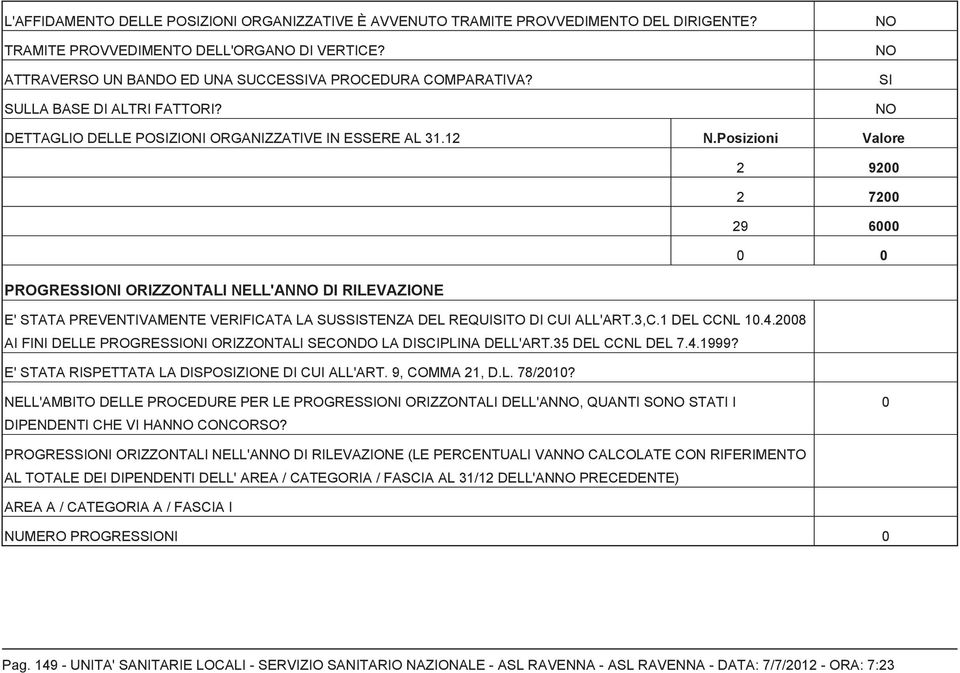 Posizioni Valore 2 92 2 72 29 6 PROGRESONI ORIZZONTALI NELL'ANNO DI RILEVAZIONE E' STATA PREVENTIVAMENTE VERIFICATA LA SUSSTENZA DEL REQUITO DI CUI ALL'ART.3,C.1 DEL CCNL 1.4.