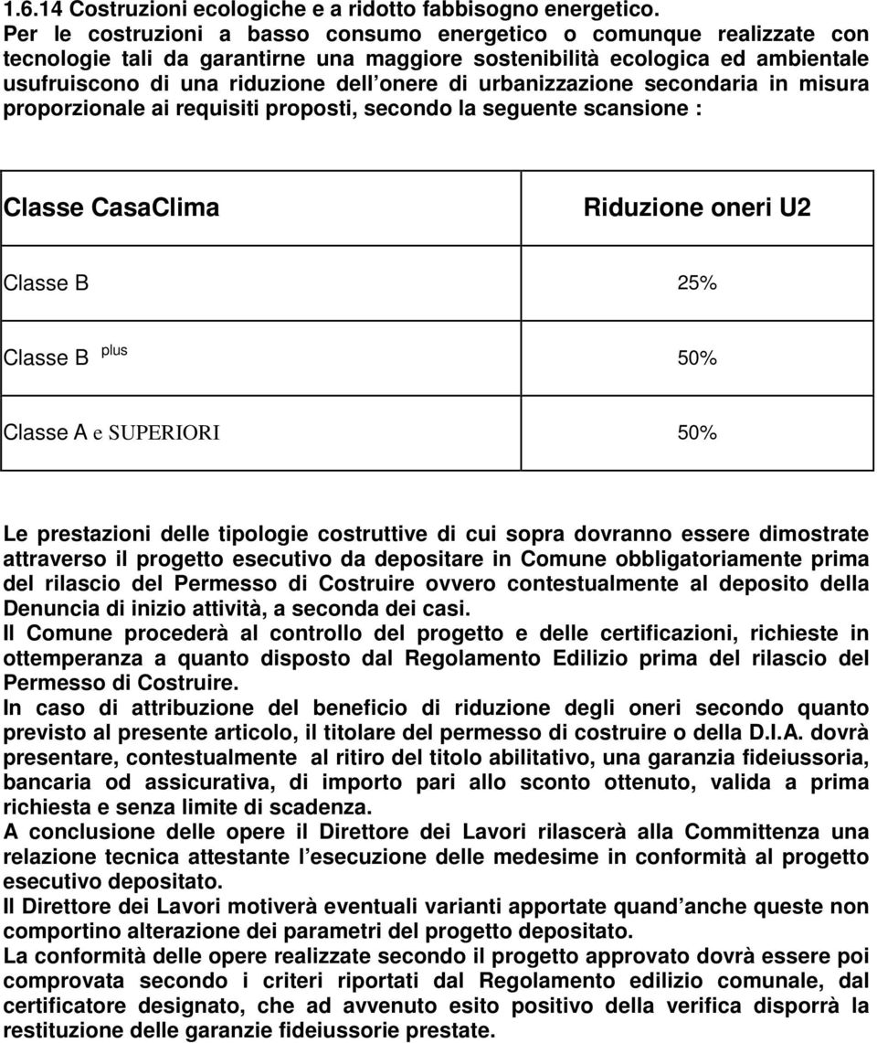 urbanizzazione secondaria in misura proporzionale ai requisiti proposti, secondo la seguente scansione : Classe CasaClima Riduzione oneri U2 Classe B 25% Classe B plus 50% Classe A e SUPERIORI 50% Le