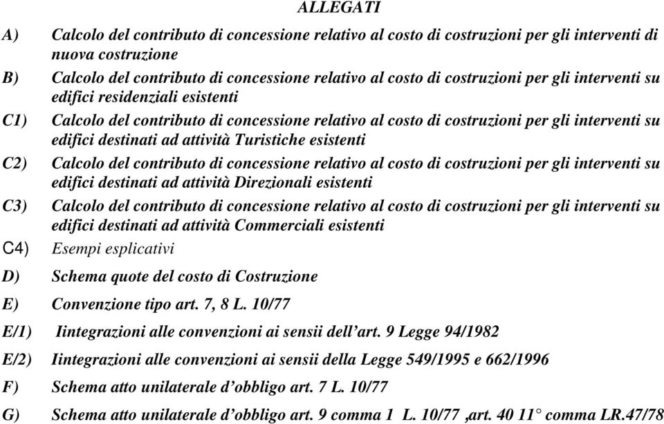 esistenti C2) Calcolo del contributo di concessione relativo al costo di costruzioni per gli interventi su edifici destinati ad attività Direzionali esistenti C3) Calcolo del contributo di