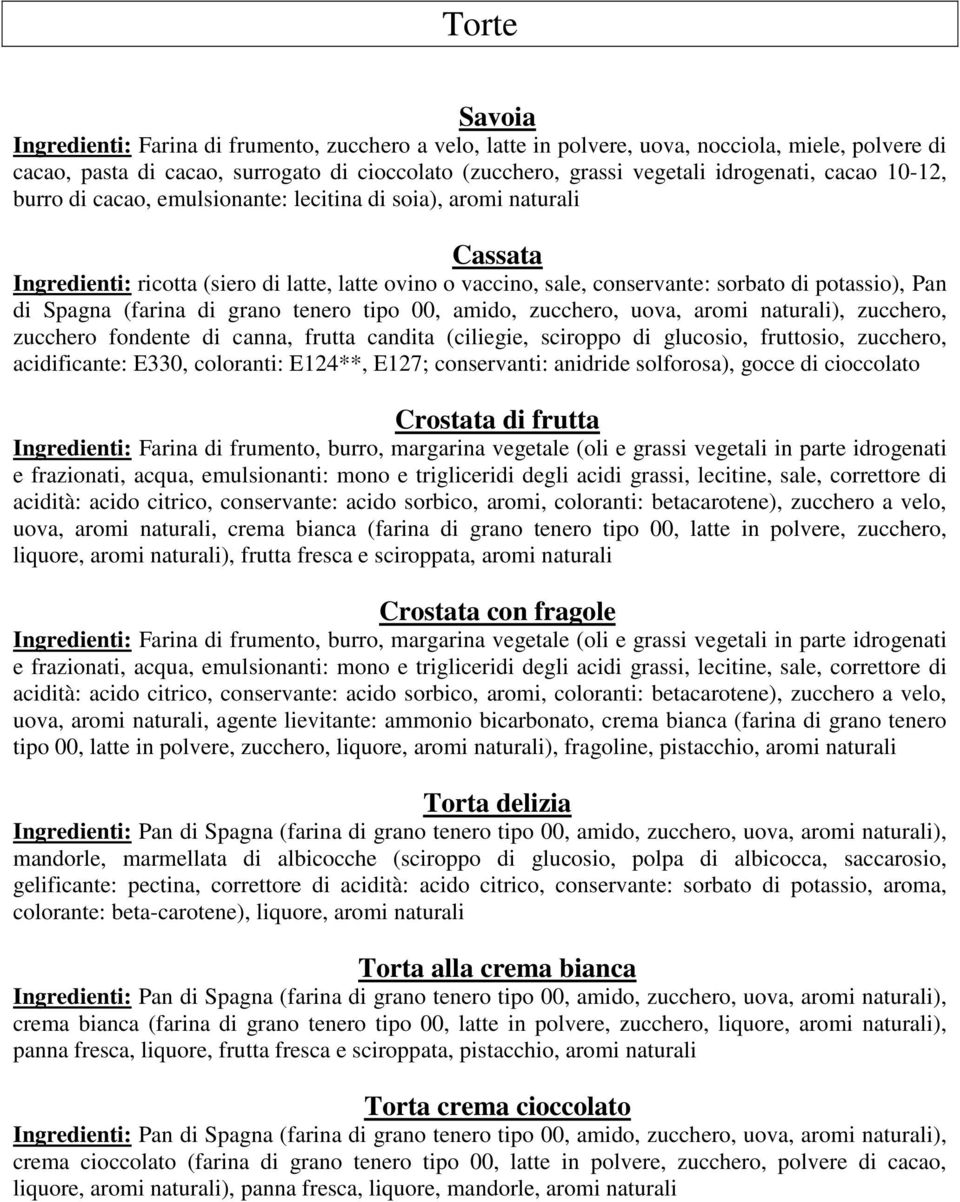 Spagna (farina di grano tenero tipo 00, amido, zucchero, uova, aromi ), zucchero, zucchero fondente di canna, frutta candita (ciliegie, sciroppo di glucosio, fruttosio, zucchero, acidificante: E330,