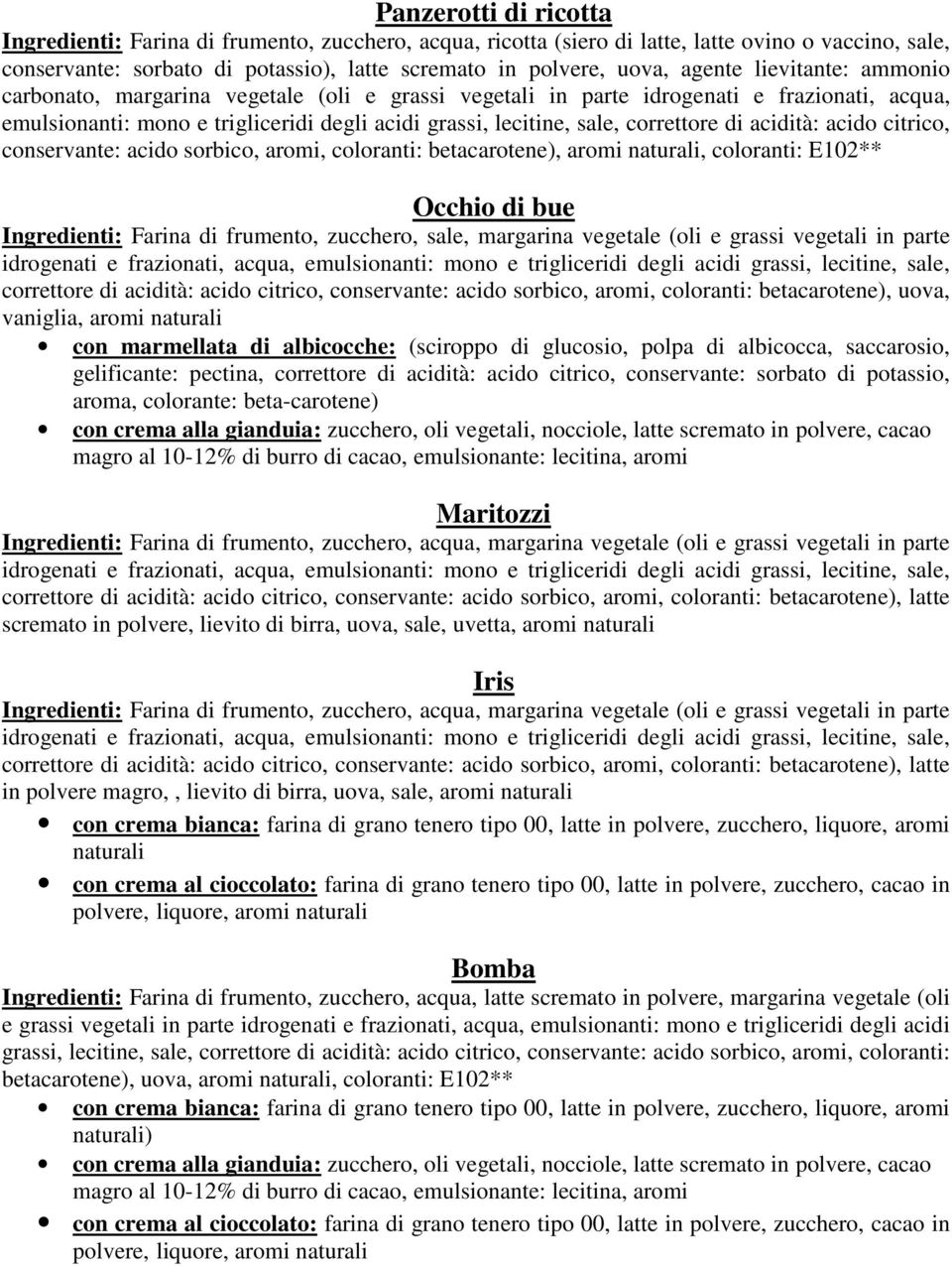 correttore di acidità: acido citrico, conservante: acido sorbico, aromi, coloranti: betacarotene), aromi, coloranti: E102** Occhio di bue Ingredienti: Farina di frumento, zucchero, sale, margarina