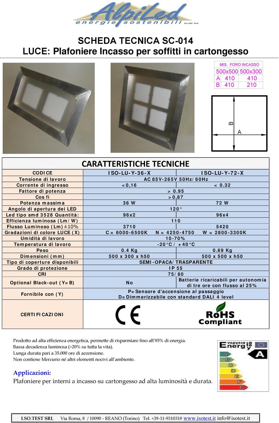 95 Cos fi >0,87 Potenza massima 36 W 72 W Led tipo smd 3528 Quantità: 96x2 96x4 Efficienza luminosa (Lm/W) 110 Flusso Luminoso (Lm)±10% 3710 5420 Gradazioni di colore LUCE (X) C = 6000-6500K N =