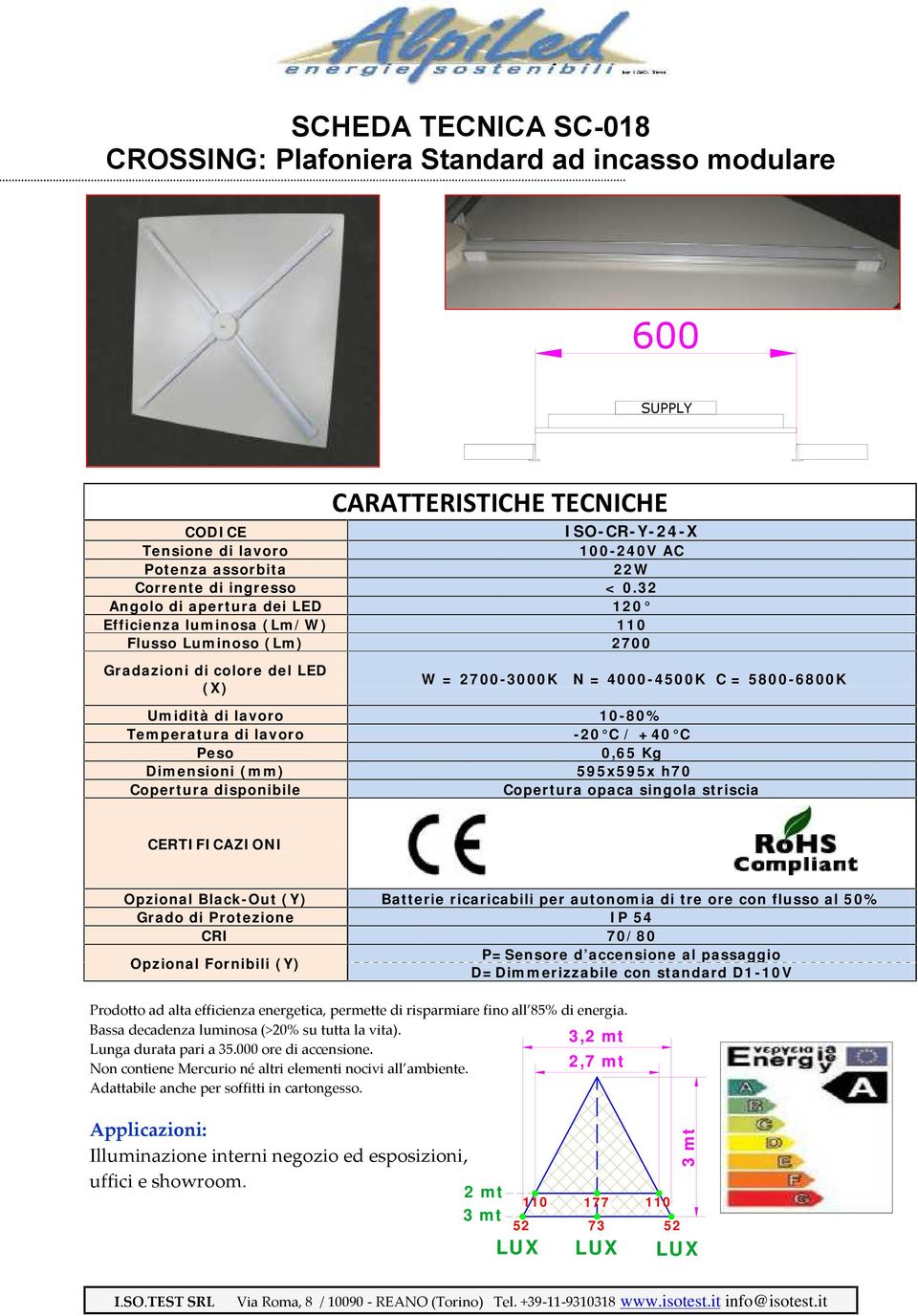 595x595x h70 Copertura disponibile Copertura opaca singola striscia Opzional Black-Out (Y) Batterie ricaricabili per autonomia di tre ore con flusso al 50% Grado di Protezione IP 54 CRI 70/80