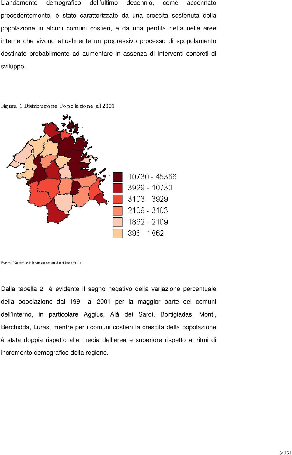 Figura 1 Distribuzione Popolazione al 2001 Fonte: Nostra elaborazione su dati Istat 2001 Dalla tabella 2 è evidente il segno negativo della variazione percentuale della popolazione dal 1991 al 2001