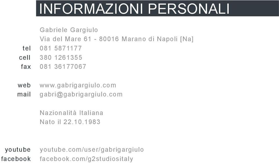 gabrigargiulo.com gabri@gabrigargiulo.com Nazionalità Italiana Nato il 22.10.