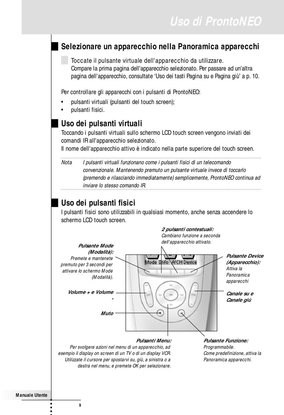 Per controllare gli apparecchi con i pulsanti di ProntoNEO: pulsanti virtuali (pulsanti del touch screen); pulsanti fisici.