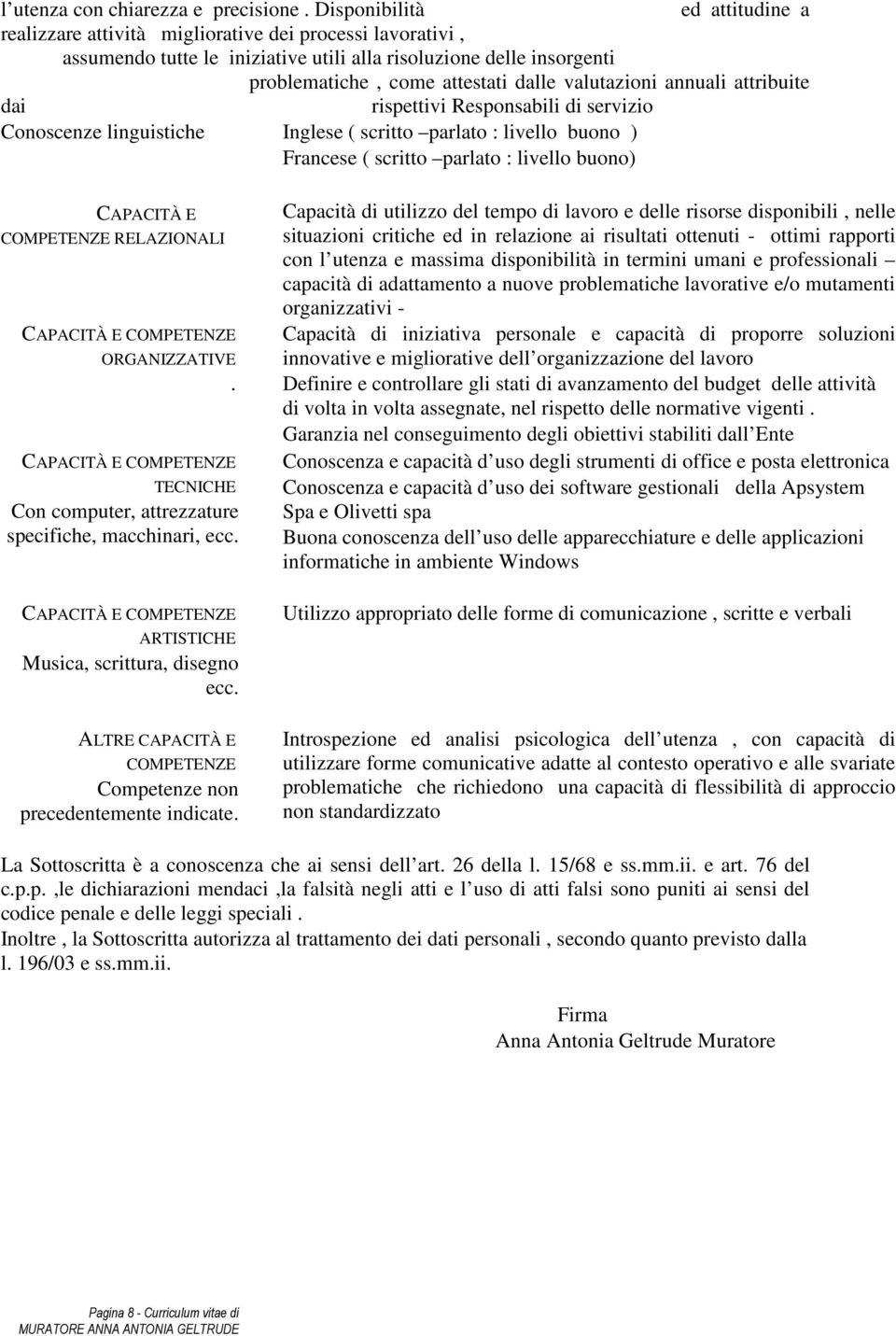 valutazioni annuali attribuite dai rispettivi Responsabili di servizio Conoscenze linguistiche Inglese ( scritto parlato : livello buono ) Francese ( scritto parlato : livello buono) CAPACITÀ E