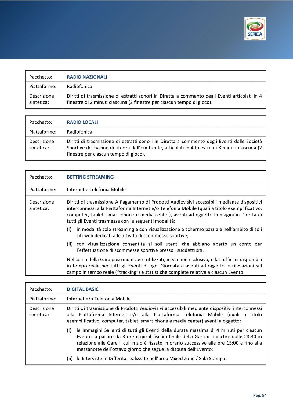 Pacchetto: Piattaforme: Descrizione sintetica: RADIO LOCALI Radiofonica Diritti di trasmissione di estratti sonori in Diretta a commento degli Eventi delle Società Sportive del bacino di utenza dell