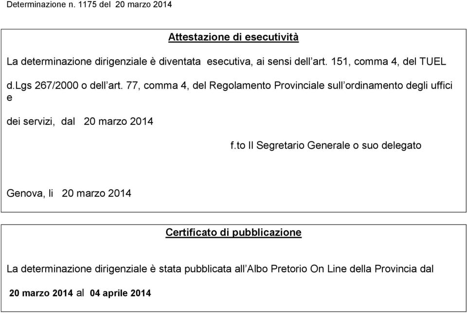 77, comma 4, del Regolamento Provinciale sull ordinamento degli uffici e dei servizi, dal 20 marzo 2014 f.