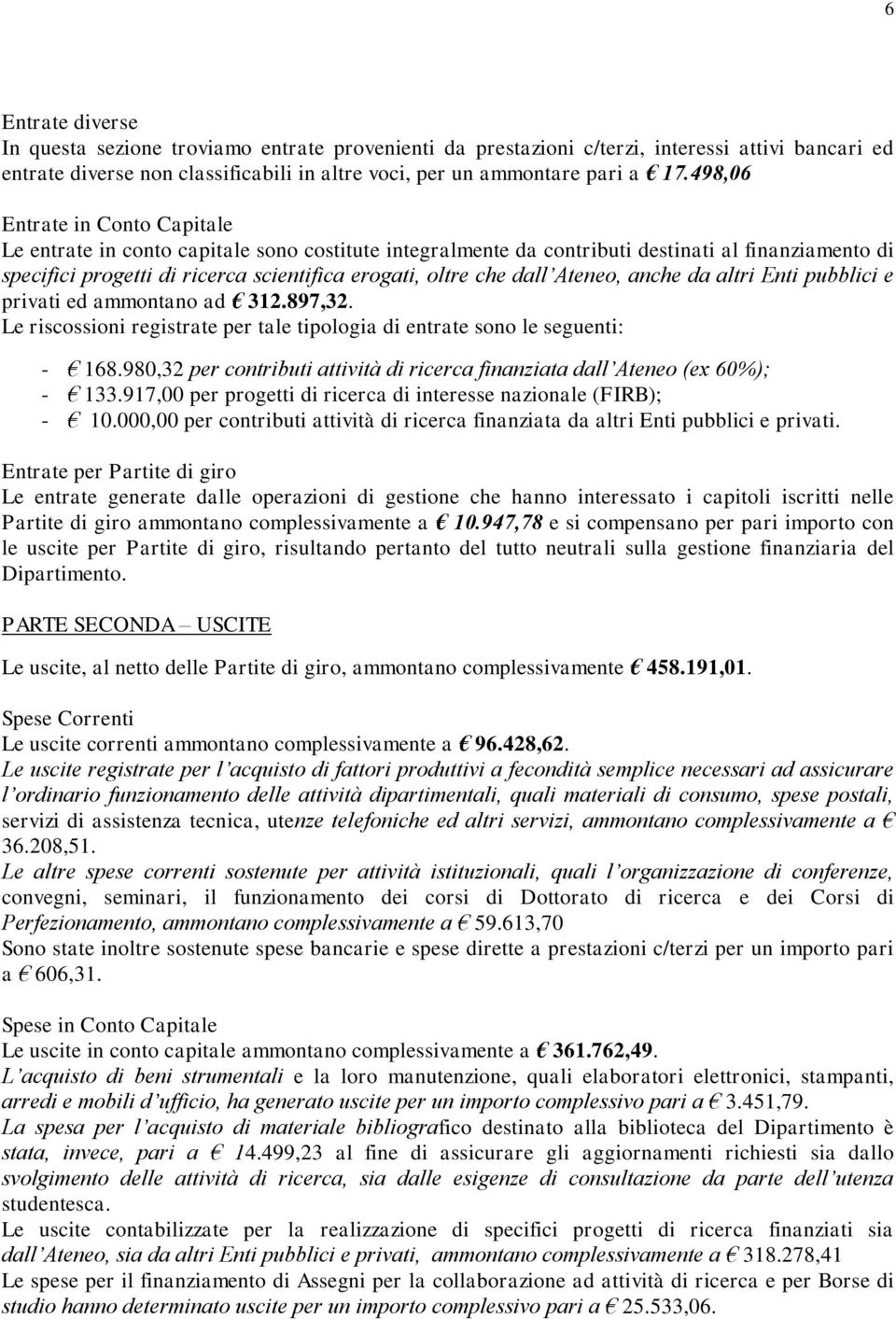 dall Ateneo, anche da altri Enti pubblici e privati ed ammontano ad 312.897,32. Le riscossioni registrate per tale tipologia di entrate sono le seguenti: - 168.