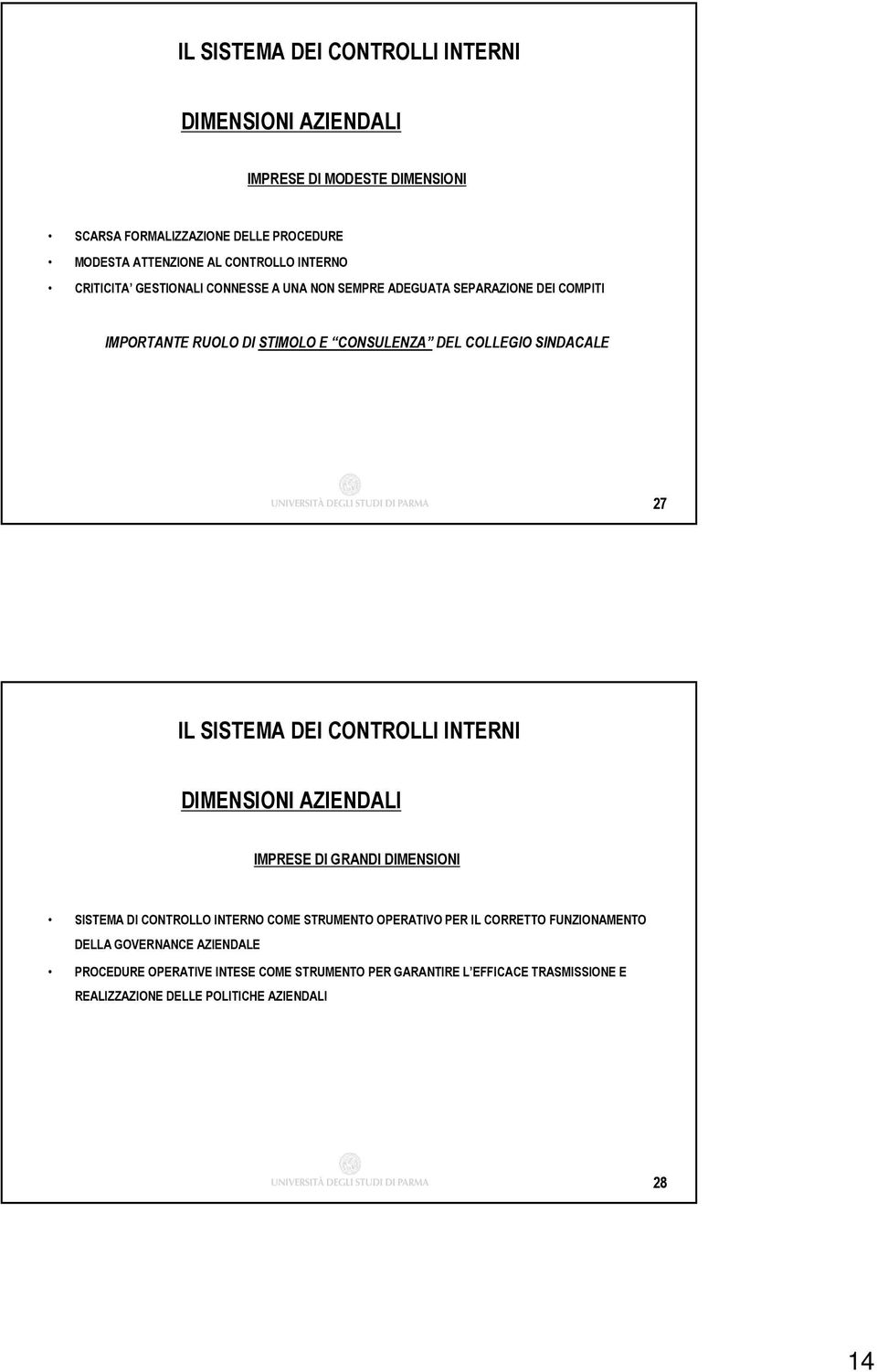 SISTEMA DEI CONTROLLI INTERNI DIMENSIONI AZIENDALI IMPRESE DI GRANDI DIMENSIONI SISTEMA DI CONTROLLO INTERNO COME STRUMENTO OPERATIVO PER IL CORRETTO