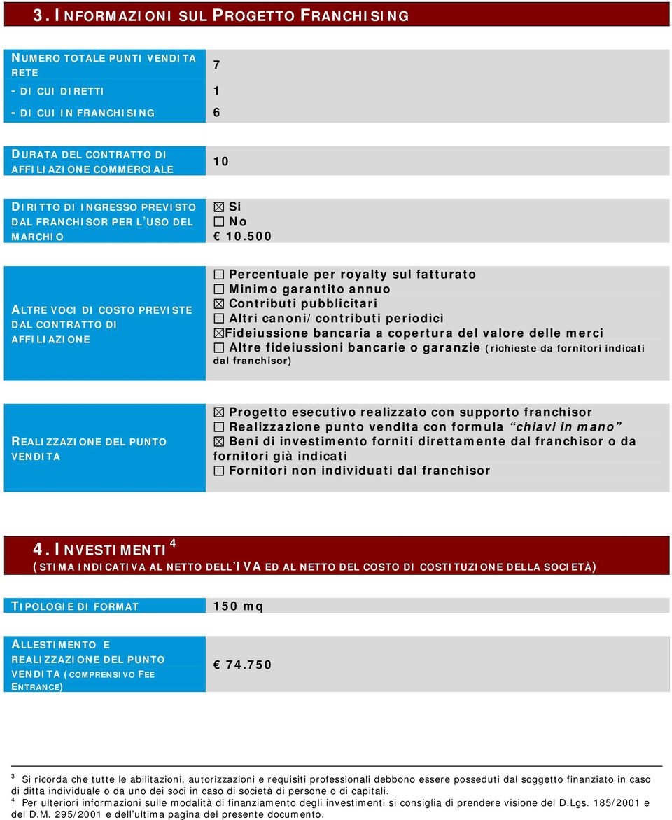 500 ALTRE VOCI DI COSTO PREVISTE DAL CONTRATTO DI AFFILIAZIONE Percentuale per royalty sul fatturato Minimo garantito annuo Contributi pubblicitari Altri canoni/contributi periodici Fideiussione