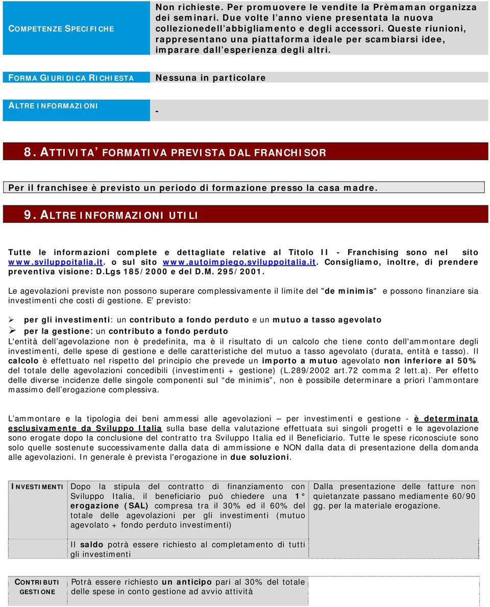 ATTIVITA FORMATIVA PREVISTA DAL FRANCHISOR Per il franchisee è previsto un periodo di formazione presso la casa madre. 9.