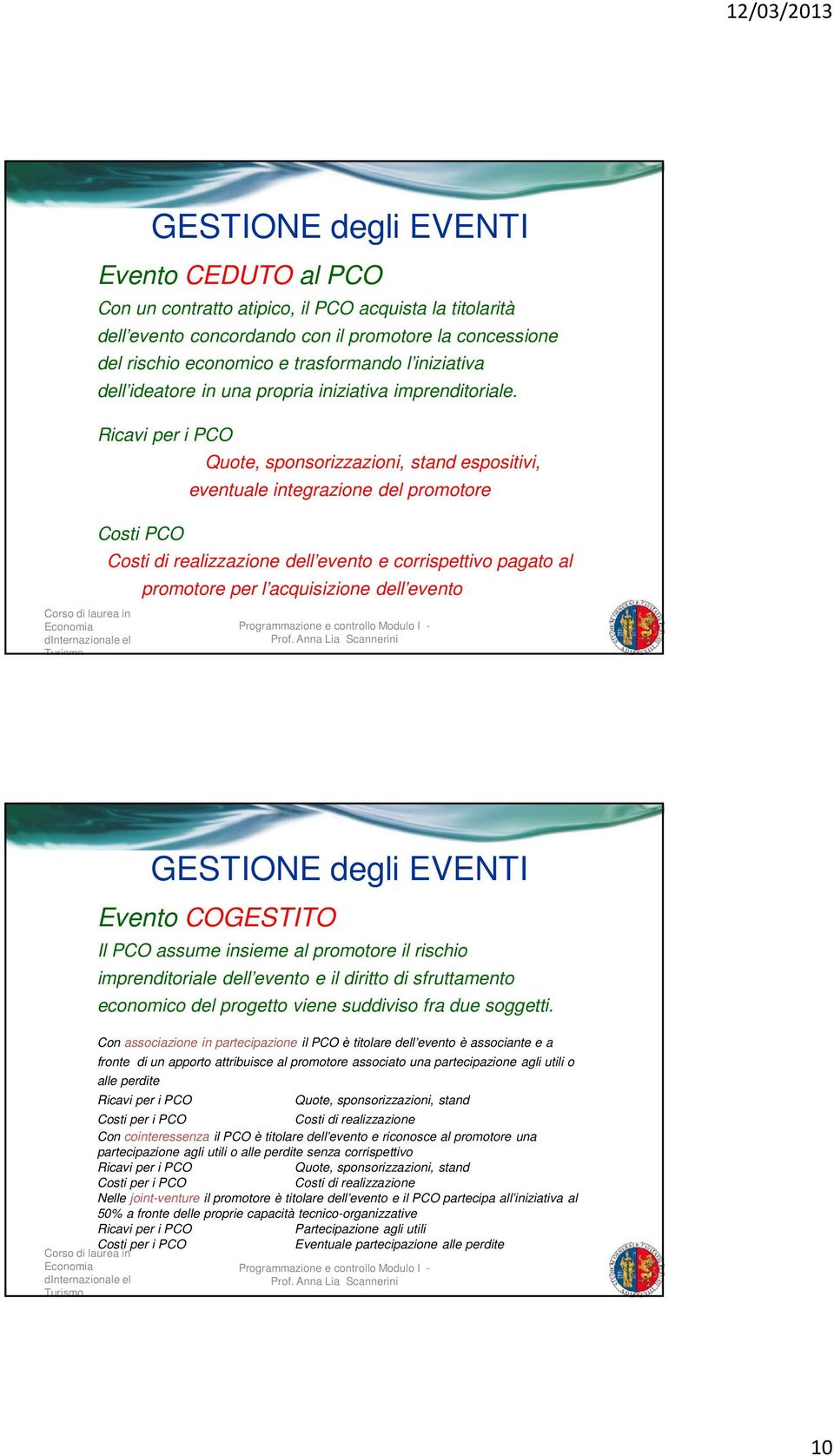 Ricavi per i PCO Costi PCO Quote, sponsorizzazioni, stand espositivi, eventuale integrazione del promotore Costi di realizzazione dell evento e corrispettivo pagato al promotore per l acquisizione