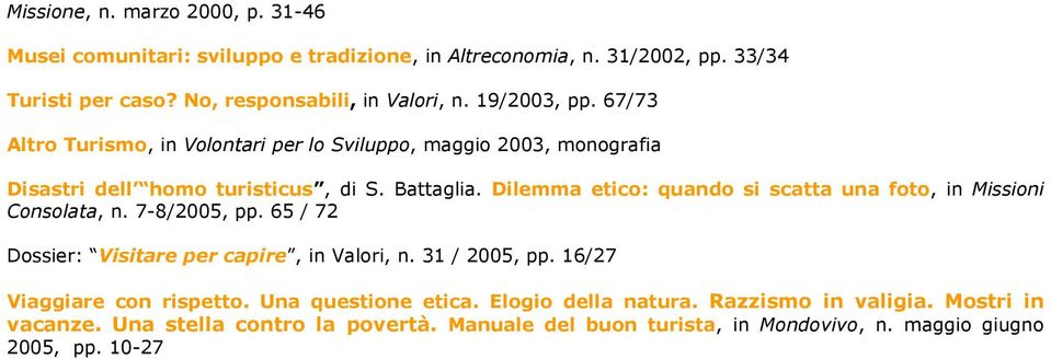 Dilemma etico: quando si scatta una foto, in Missioni Consolata, n. 7-8/2005, pp. 65 / 72 Dossier: Visitare per capire, in Valori, n. 31 / 2005, pp.
