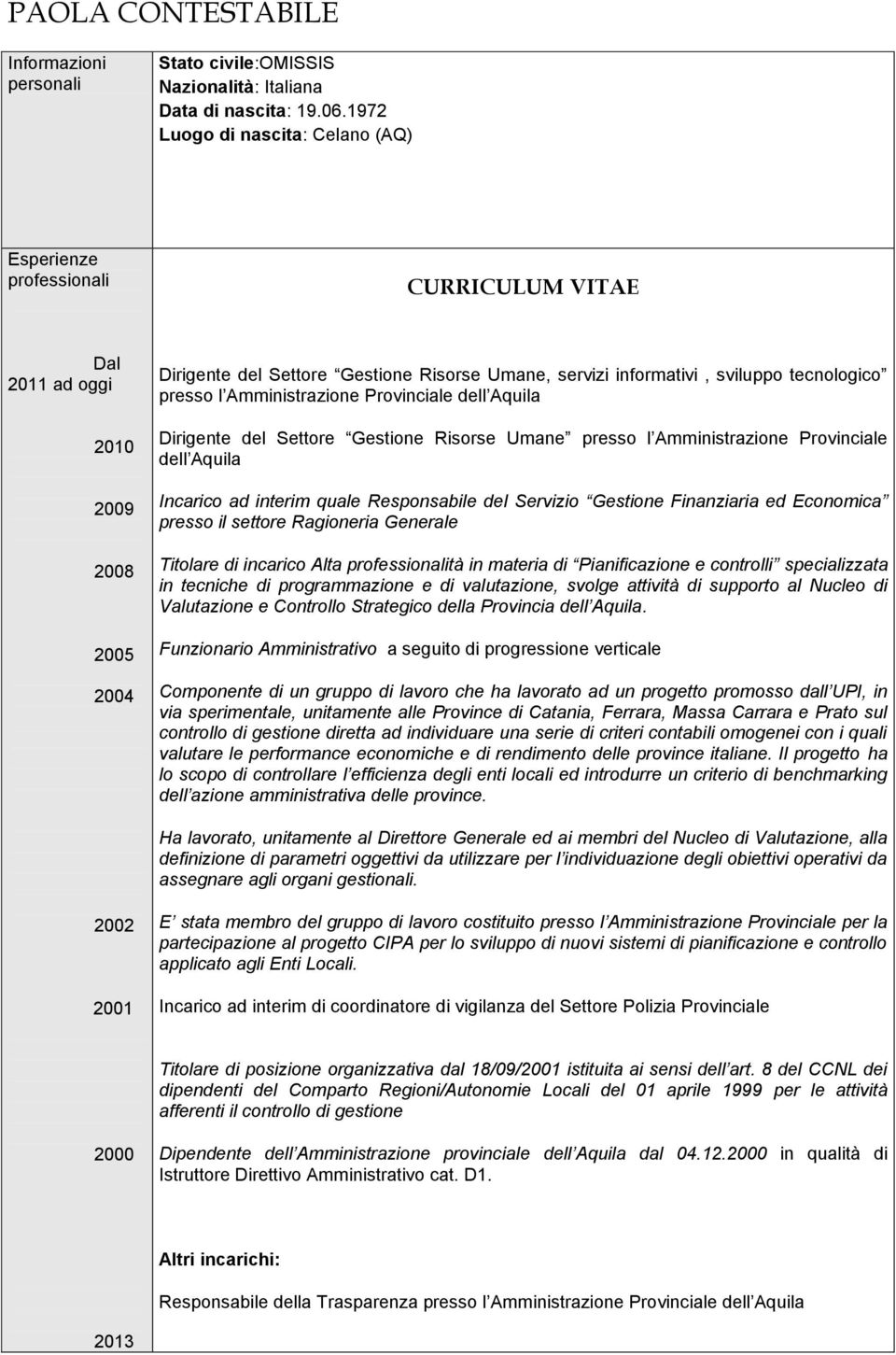 tecnologico presso l Amministrazione Provinciale dell Aquila Dirigente del Settore Gestione Risorse Umane presso l Amministrazione Provinciale dell Aquila Incarico ad interim quale Responsabile del