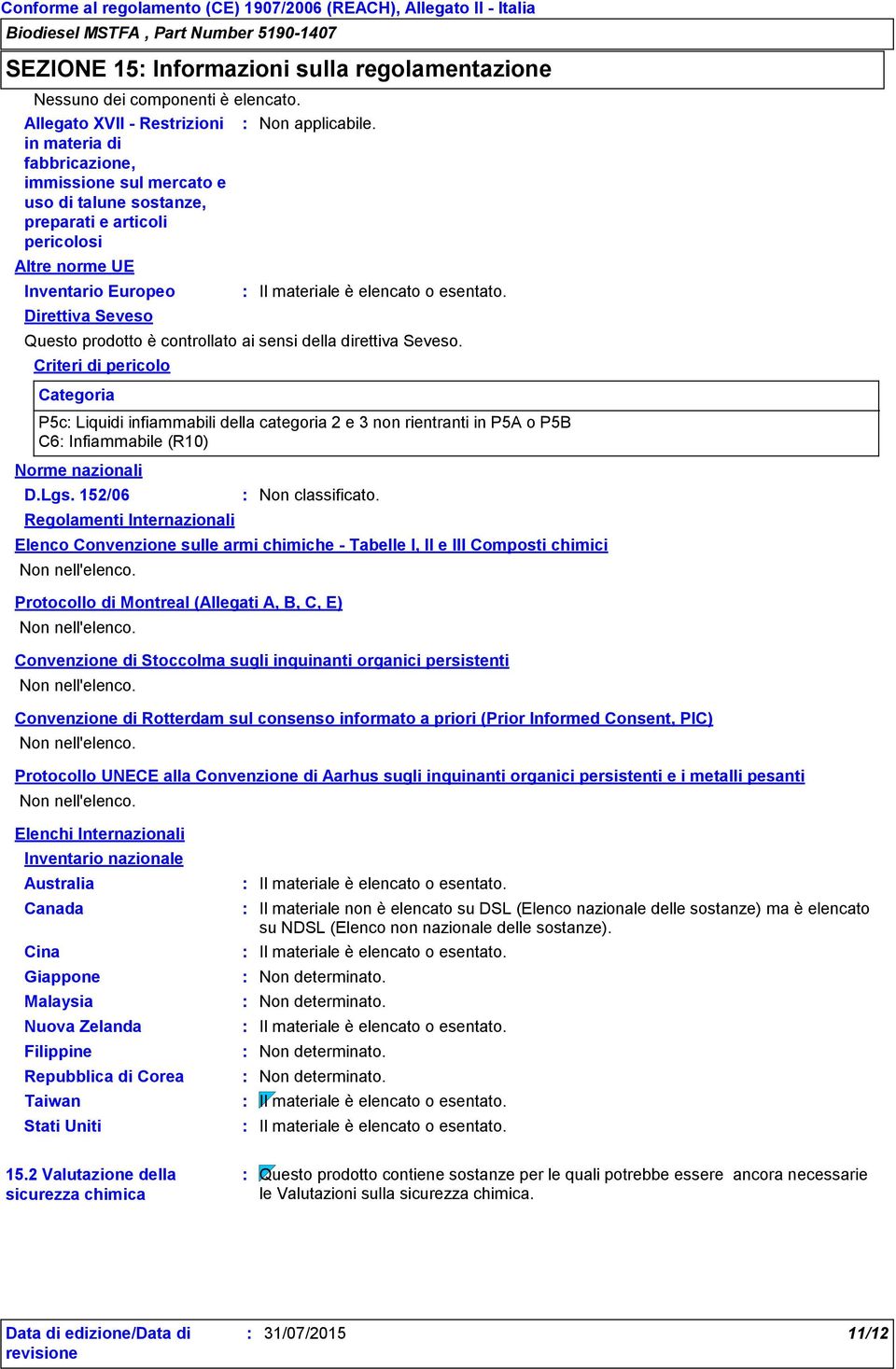 nazionali Non applicabile. Il materiale è elencato o esentato. Questo prodotto è controllato ai sensi della direttiva Seveso.