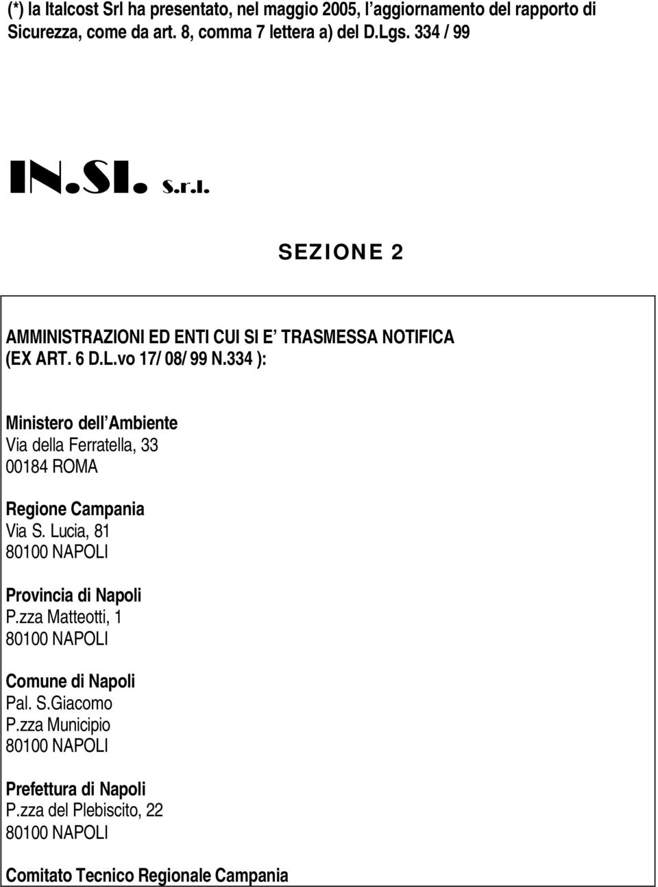 334 ): Ministero dell Ambiente Via della Ferratella, 33 00184 ROMA Regione Campania Via S. Lucia, 81 80100 NAPOLI Provincia di Napoli P.