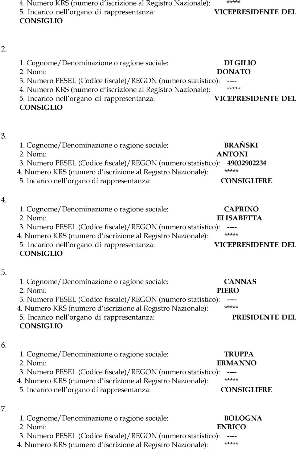 Numero PESEL (Codice fiscale)/regon (numero statistico): 49032902234 1. Cognome/Denominazione o ragione sociale: CAPRINO 2. Nomi: ELISABETTA 5.