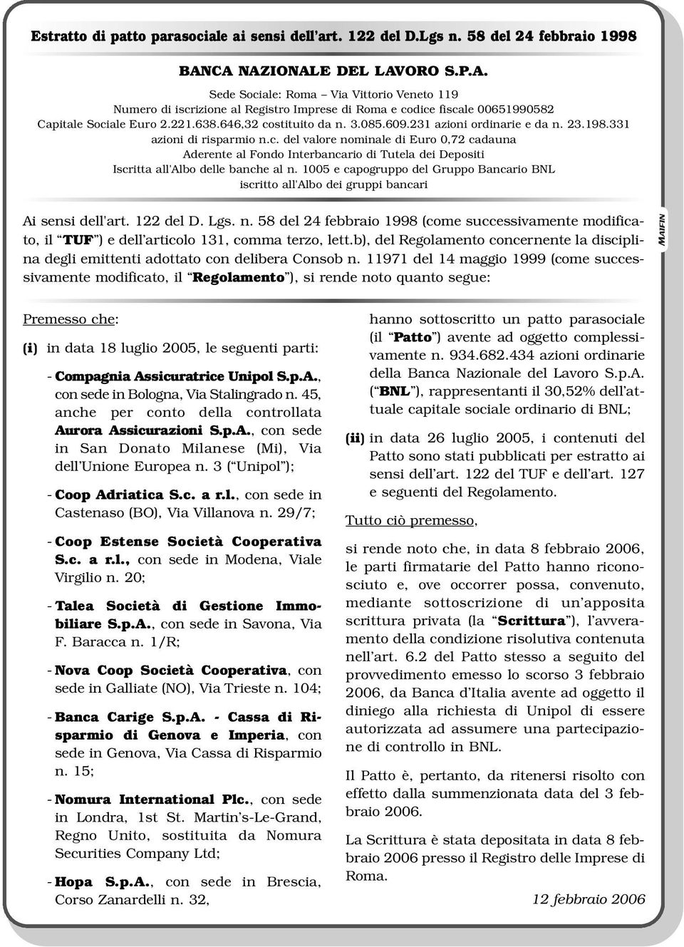 b), del Regolamento concernente la disciplina degli emittenti adottato con delibera Consob n.