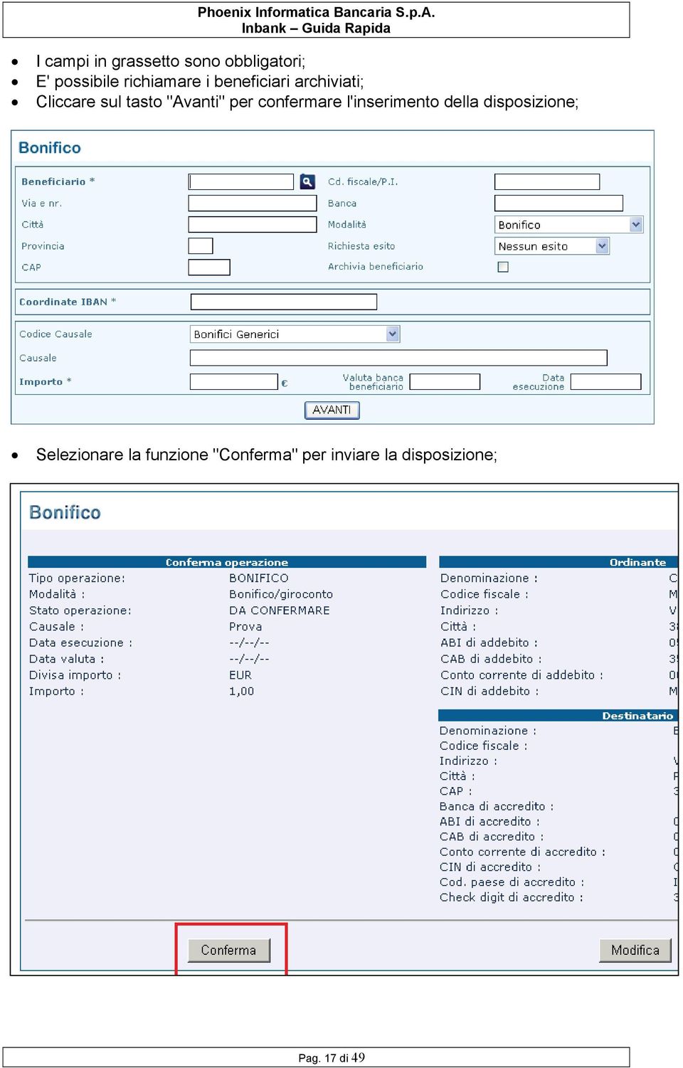 "Avanti" per confermare l'inserimento della disposizione;