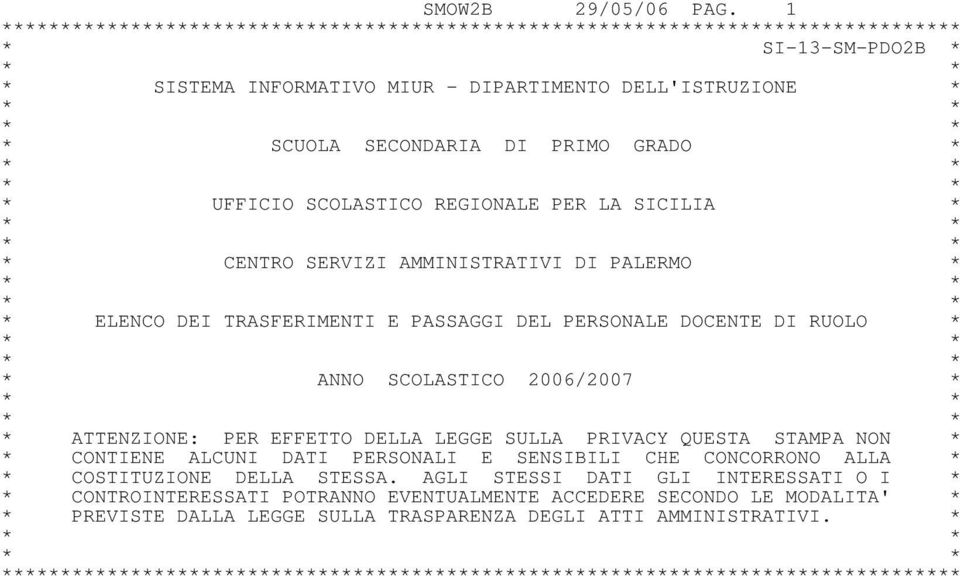 PRIMO GRADO * * * * * * UFFICIO SCOLASTICO REGIONALE PER LA SICILIA * * * * * * CENTRO SERVIZI AMMINISTRATIVI DI PALERMO * * * * * * ELENCO DEI TRASFERIMENTI E PASSAGGI DEL PERSONALE DOCENTE DI RUOLO