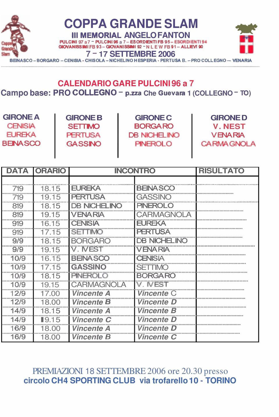 aa Che Guevara 1 (COLLEGNO - TO) GIRONE A mtsw EUFIB<A BONASCO GIRONE B SRTMO PmlusA GASSNO GIRONE C BORGARO DB NICHBr\K) PNEROLO GIRONE D V. NEST VWFUA CARMAGNOLA DATA ORARIO INCONTRO RISULTATO...-... 719 18.