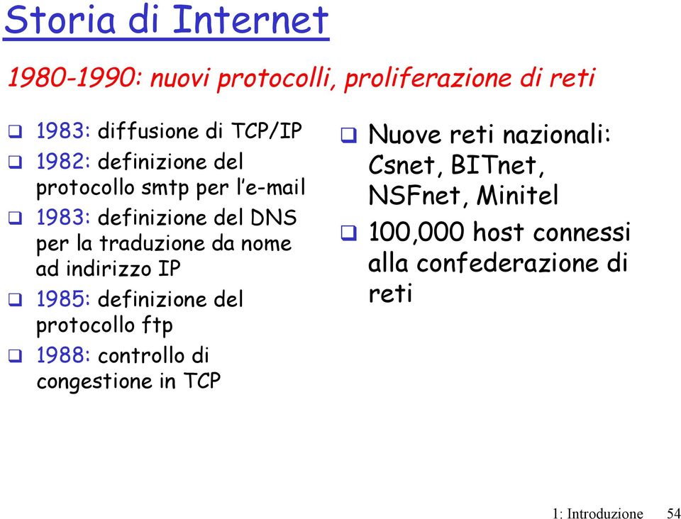 ad indirizzo IP 1985: definizione del protocollo ftp 1988: controllo di congestione in TCP Nuove reti