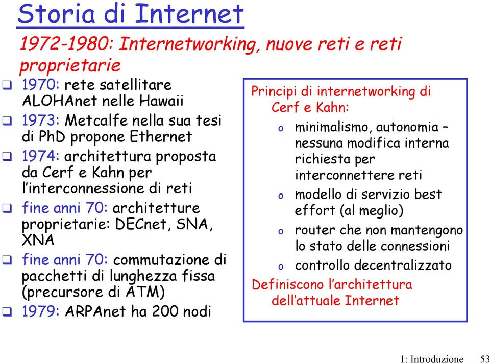 fissa (precursore di AT) 1979: ARPAnet ha 200 nodi Principi di internetworking di Cerf e Kahn: o minimalismo, autonomia nessuna modifica interna richiesta per interconnettere reti o