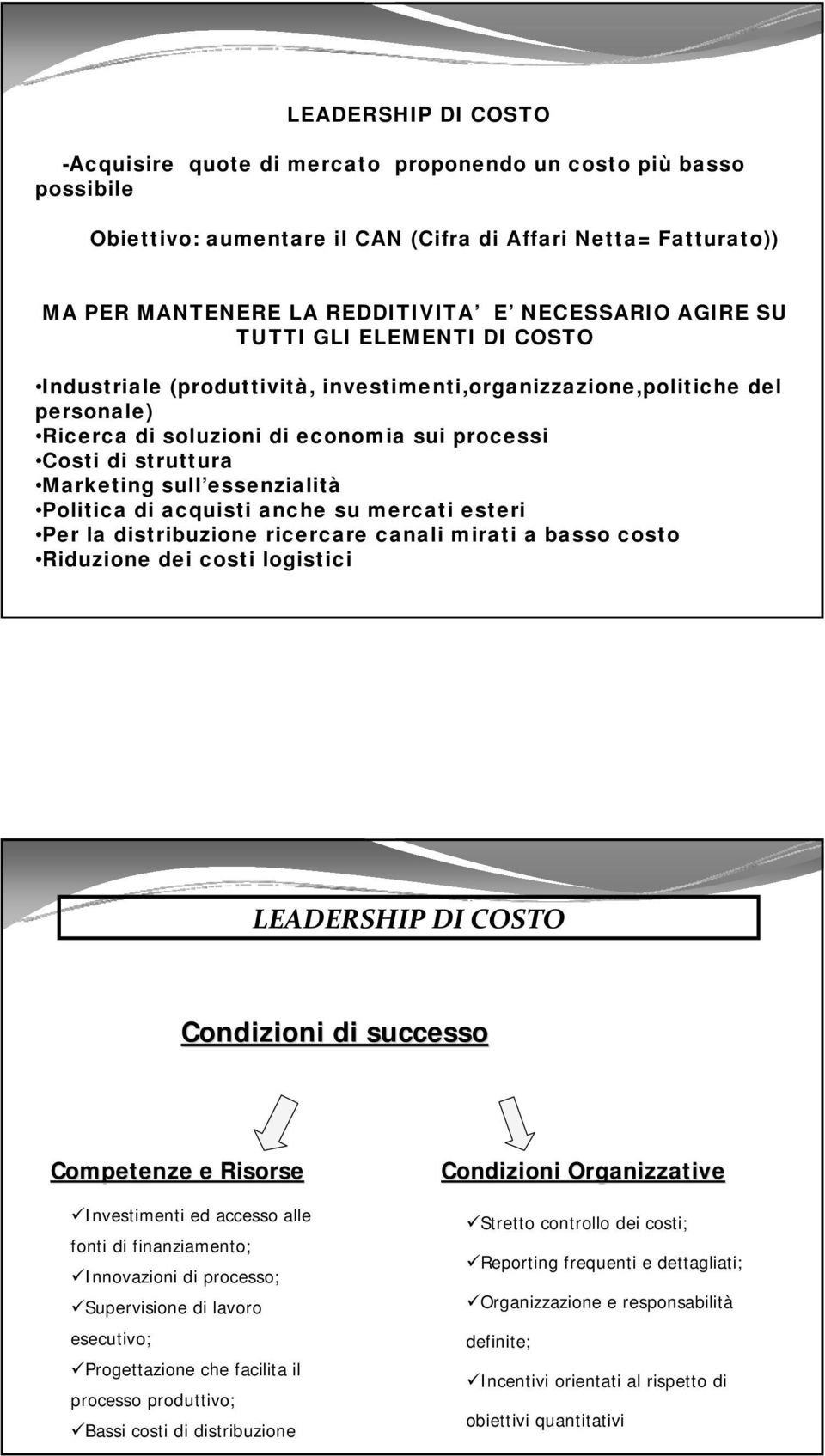 essenzialità Politica di acquisti anche su mercati esteri Per la distribuzione ricercare canali mirati a basso costo Riduzione dei costi logistici LEADERSHIP DI COSTO Condizioni di successo