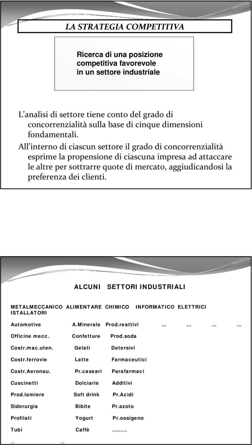 All interno di ciascun settore il grado di concorrenzialità esprime la propensione di ciascuna impresa ad attaccare le altre per sottrarre quote di mercato, aggiudicandosi la preferenza dei clienti.