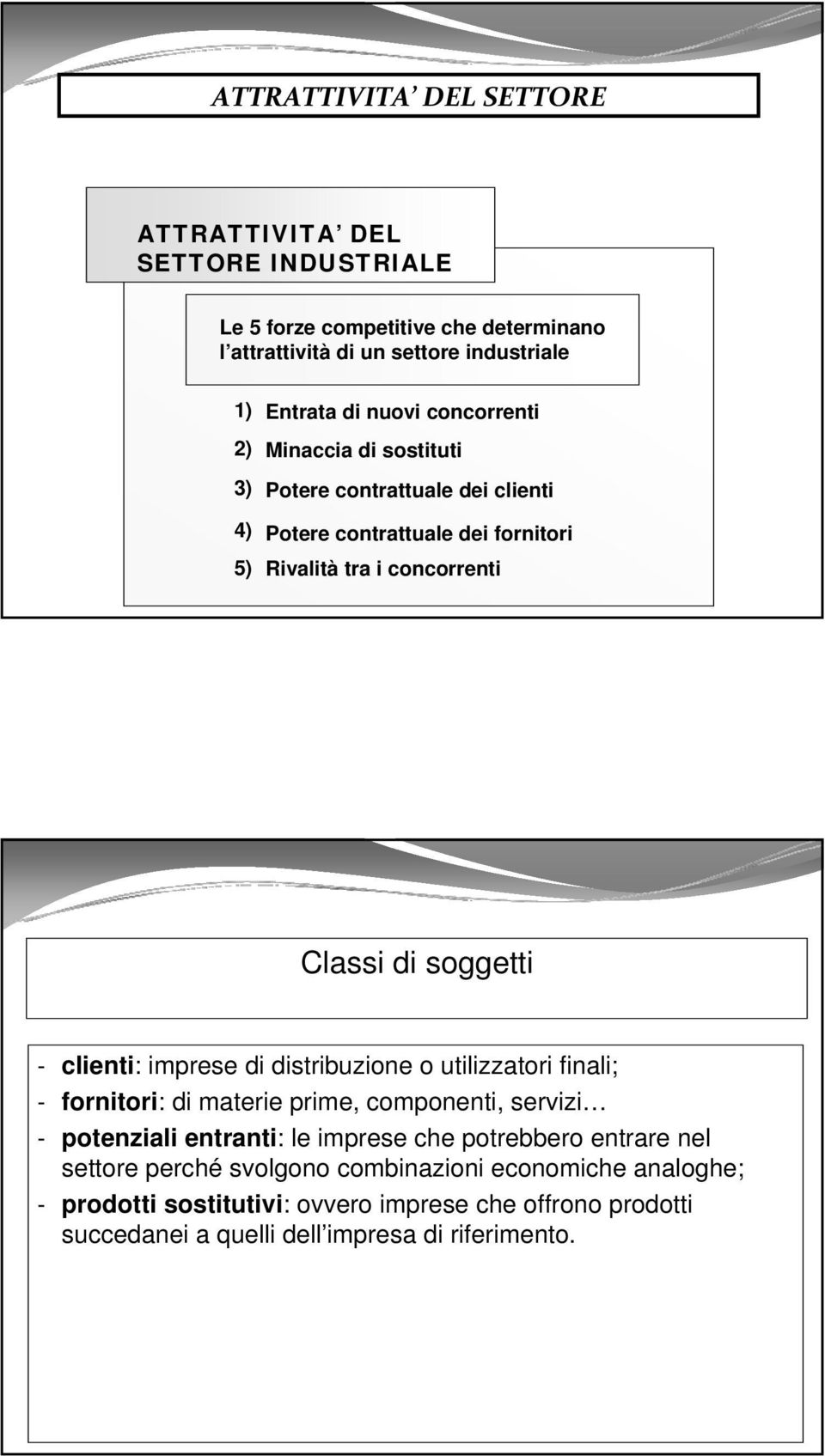 clienti: imprese di distribuzione o utilizzatori finali; - fornitori: di materie prime, componenti, servizi - potenziali entranti: le imprese che potrebbero entrare