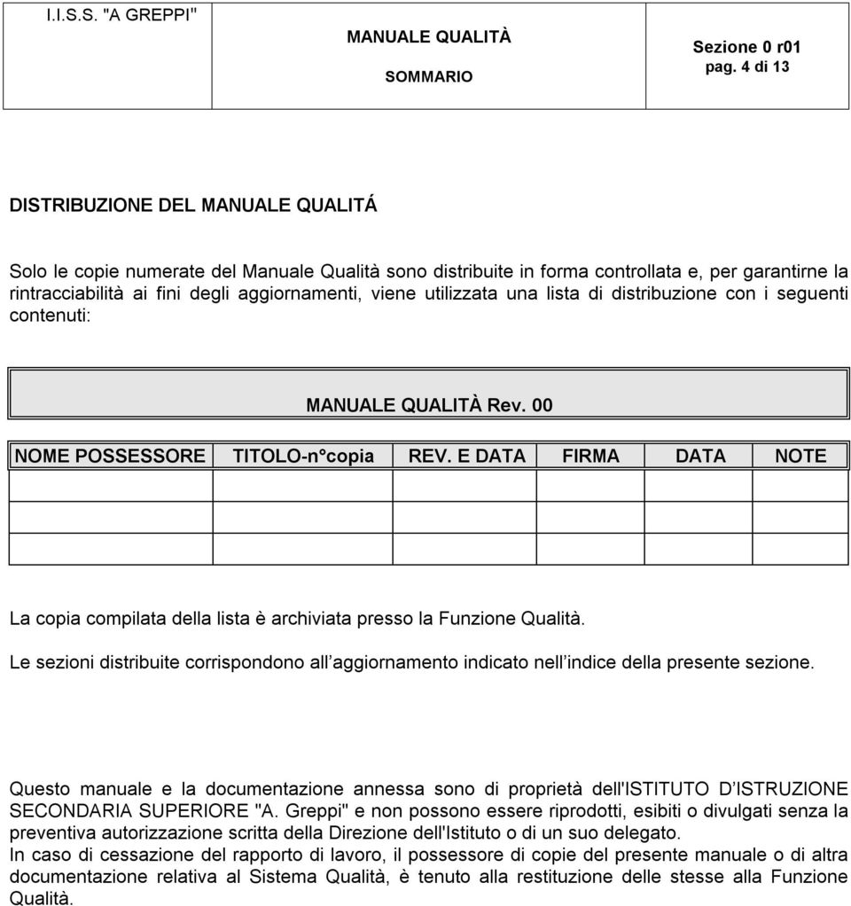 E DATA FIRMA DATA NOTE La copia compilata della lista è archiviata presso la Funzione Qualità. Le sezioni distribuite corrispondono all aggiornamento indicato nell indice della presente sezione.