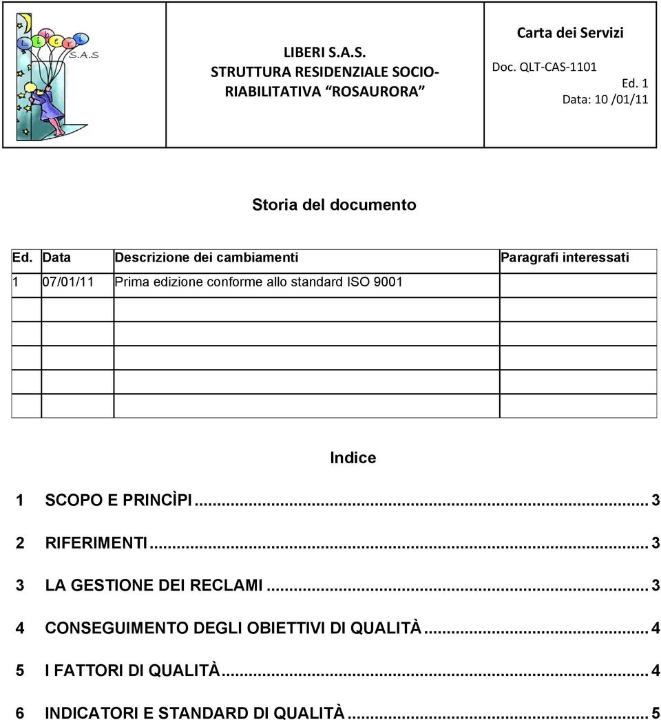 Data Descrizione dei cambiamenti Paragrafi interessati 1 07/01/11 Prima edizione conforme allo standard ISO 9001