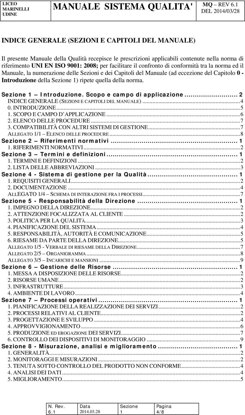 norma. 1 Introduzione. Scopo e campo di applicazione... 2 INDICE GENERALE (SEZIONI E CAPITOLI DEL MANUALE)... 4 0. INTRODUZIONE... 5 1. SCOPO E CAMPO D APPLICAZIONE... 6 2. ELENCO DELLE PROCEDURE.