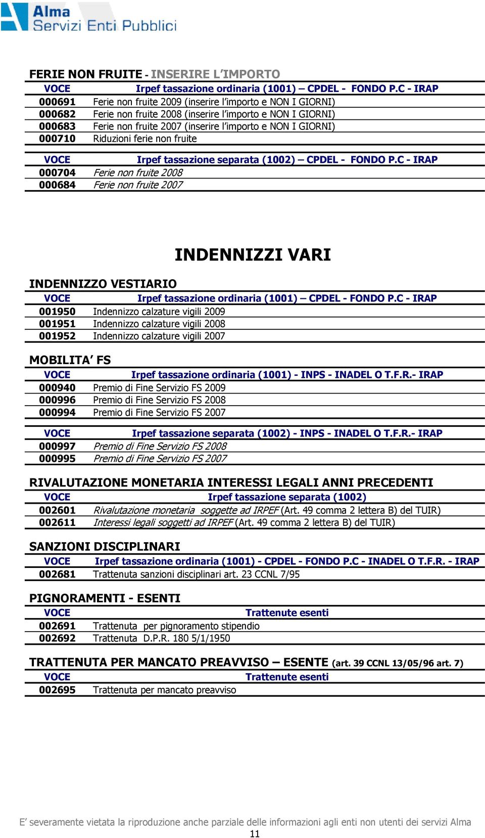 2009 001951 Indennizzo calzature vigili 2008 001952 Indennizzo calzature vigili 2007 MOBILITA FS Irpef tassazione ordinaria (1001) - INPS - INADEL O T.F.R.