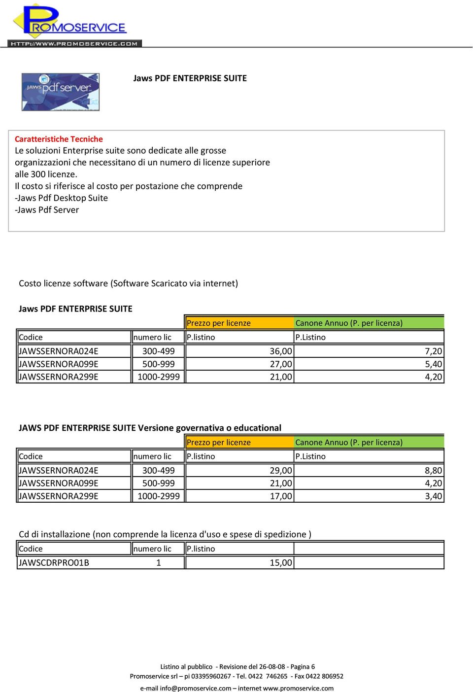 Il costo si riferisce al costo per postazione che comprende -Jaws Pdf Desktop Suite -Jaws Pdf Server Jaws PDF ENTERPRISE SUITE JAWSSERNORA024E 300-499 36,00