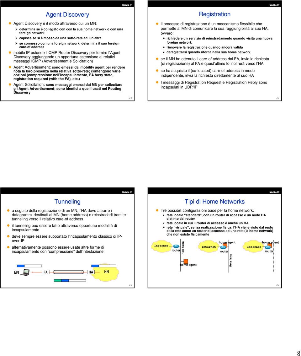 (Advertisement e Solicitation) Advertisement: sono emessi dai mobility agent per rendere nota la loro presenza nella relativa sotto-rete; contengono varie opzioni (compressione nell incapsulamento,