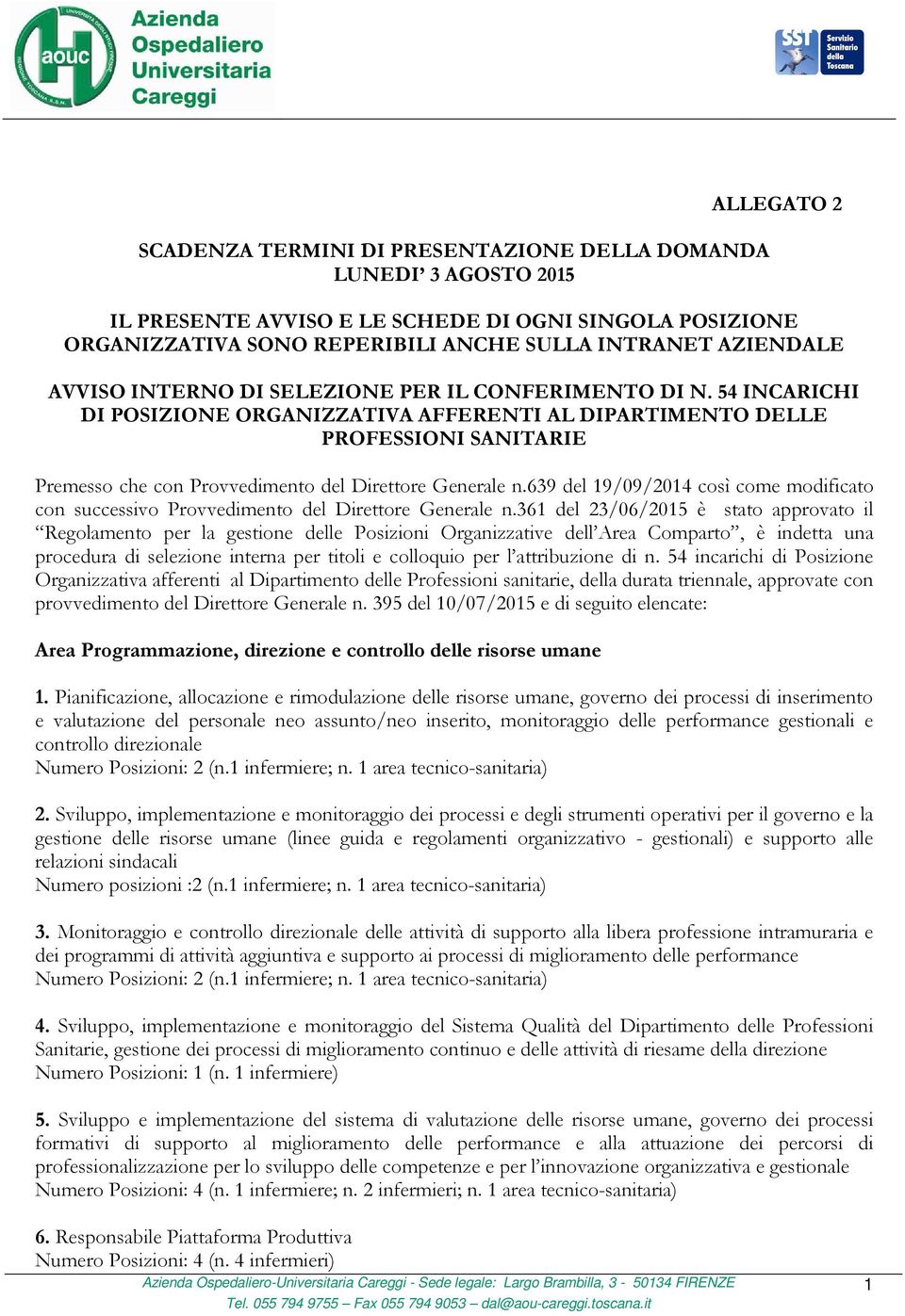 54 INCARICHI DI POSIZIONE ORGANIZZATIVA AFFERENTI AL DIPARTIMENTO DELLE PROFESSIONI SANITARIE Premesso che con Provvedimento del Direttore Generale n.