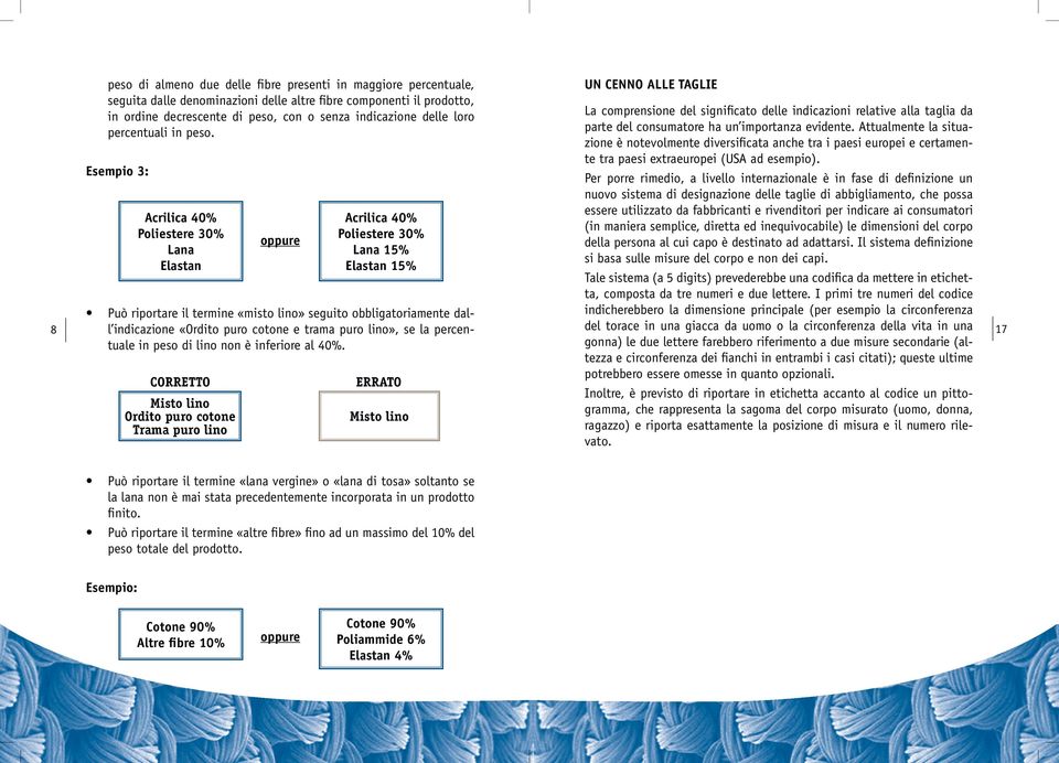 Esempio 3: Acrilica % Poliestere % Lana Elastan CORRETTO Misto lino Ordito puro cotone Trama puro lino oppure Acrilica % Poliestere % Lana 15% Elastan 15% ERRATO Misto lino UN CENNO ALLE TAGLIE La