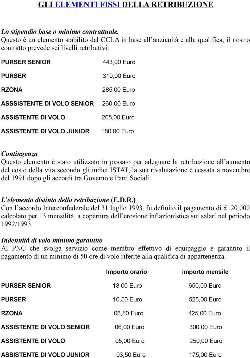 DI VOLO ASSISTENTE DI VOLO JUNIOR 443,00 Euro 310,00 Euro 285,00 Euro 260,00 Euro 205,00 Euro 180,00 Euro Contingenza Questo elemento è stato utilizzato in passato per adeguare la retribuzione all