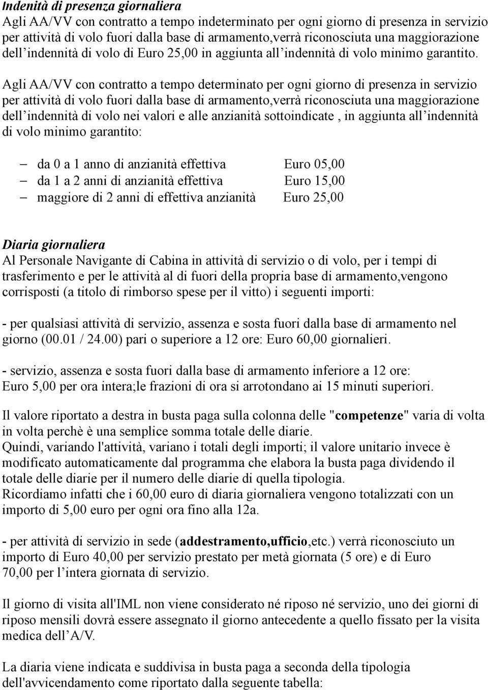 Agli AA/VV con contratto a tempo determinato per ogni giorno di presenza in servizio per attività di volo fuori dalla base di armamento,verrà riconosciuta una maggiorazione dell indennità di volo nei