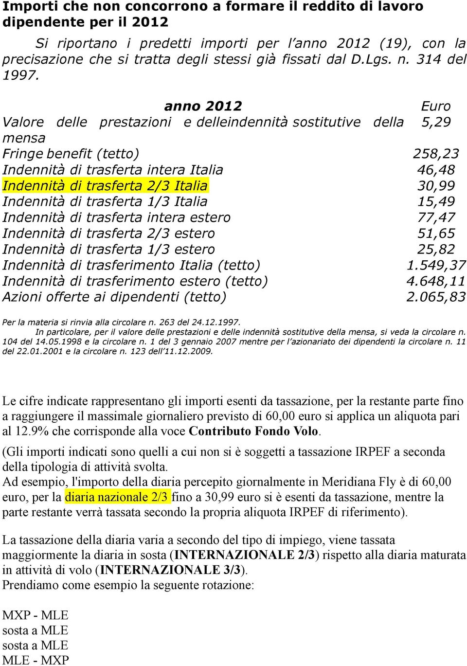 anno 2012 Euro Valore delle prestazioni e delleindennità sostitutive della 5,29 mensa Fringe benefit (tetto) 258,23 Indennità di trasferta intera Italia 46,48 Indennità di trasferta 2/3 Italia 30,99