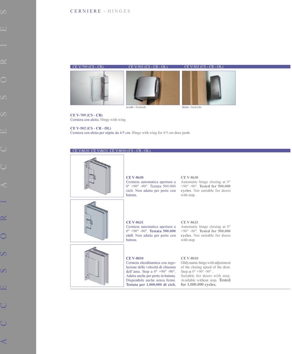 CE V-8630 CE V-8631 CE V-8010 (CS - CR - OL) CE V-8630 Cerniera automatica apertura a 0 +90-90. Testata 500.000 cicli. Non adatta per porte con battuta.
